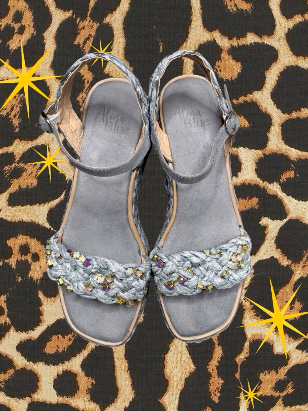 ALMA BLUE | Blue Braided Straw Summer Gemstone Ankle-Strap Sandals | Size 8.5